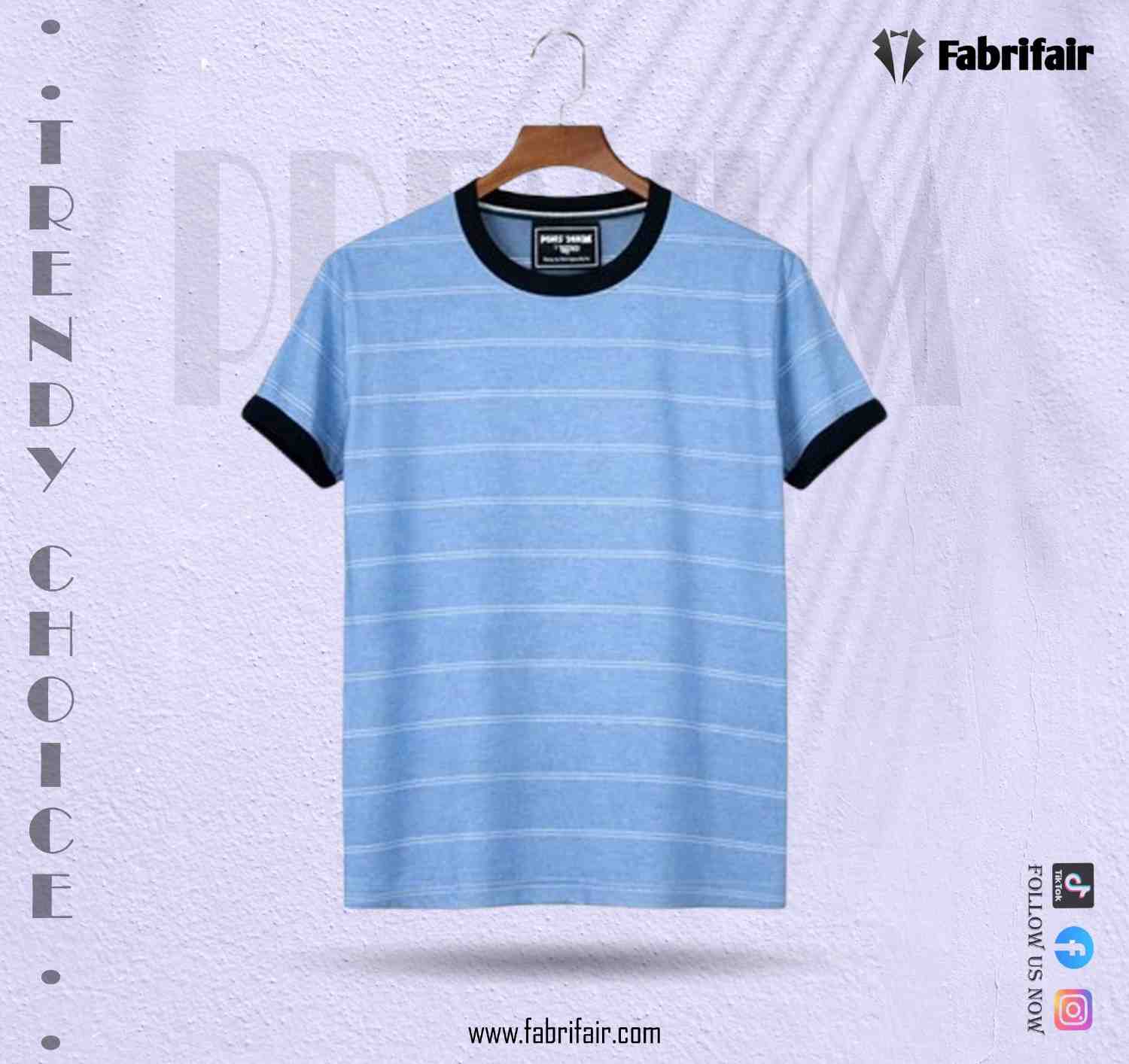 Mens Premium Cotton T-Shirt - Sky Blue with White Stripes